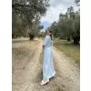 Kadın Keten Kısa Kollu uzun Elbise - Bebek Mavisi