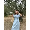 Kadın Keten Kısa Kollu uzun Elbise - Bebek Mavisi