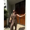Kadın Keten Asimetrik Tek Omuzlu Bluz Pantalon Takım- Kahverengi