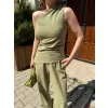 Kadın Keten Asimetrik Tek Omuzlu Bluz Pantalon Takım- Su Yeşili