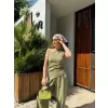 Kadın Keten Asimetrik Tek Omuzlu Bluz Pantalon Takım- Su Yeşili