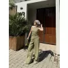 Kadın Keten Asimetrik Tek Omuzlu Bluz Pantalon Takım- Su Yeşili