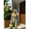 Kadın Keten Asimetrik Tek Omuzlu Bluz Pantalon Takım- Su Yeşili