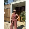 Kadın Keten Asimetrik Tek Omuzlu Bluz Pantalon Takım- Bordo