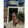 Kadın Keten Asimetrik Tek Omuzlu Bluz Pantalon Takım- Bordo