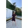 Kadın Yakalı Gömlek Kemerli Şortlu Takım - Bordo