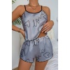 Love Baskılı Gri Saten Şortlu Gecelik Takım