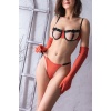 Fetiş Tarzı Turuncu Çıtçıtlı Sütyen ve Eldiven, String Takım,Transparan Detaylı Seksi İç Giyim