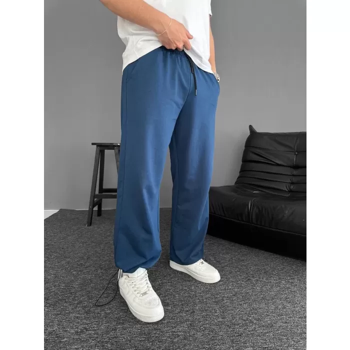 İki İplik Kumaş Beli Lastikli Yarı Flota Cepli Boru Paça Baggy Alt Esofman - Turkuaz