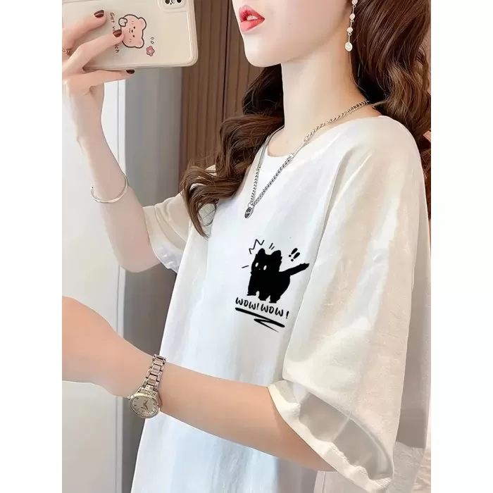 20/1 Penye Compack Tatlı Kedi Baskılı Oversize Bisiklet Yaka T-shirt - Beyaz