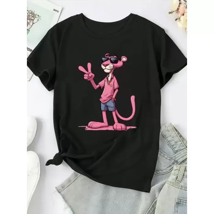 20/1 Penye Compack Pembe Panter Baskılı Oversize Bisiklet Yaka Kısa Kol Yazlık T-shirt - Beyaz