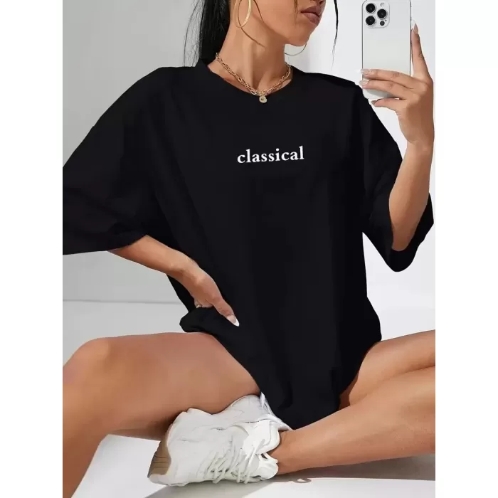 20/1 Penye Compack Classical Baskılı Siyah Oversize Tişort - Siyah