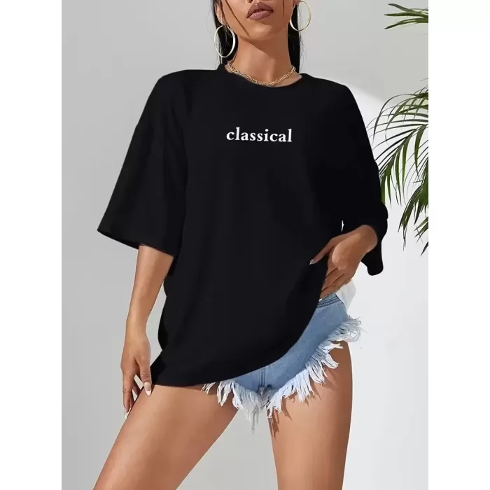 20/1 Penye Compack Classical Baskılı Siyah Oversize Tişort - Siyah