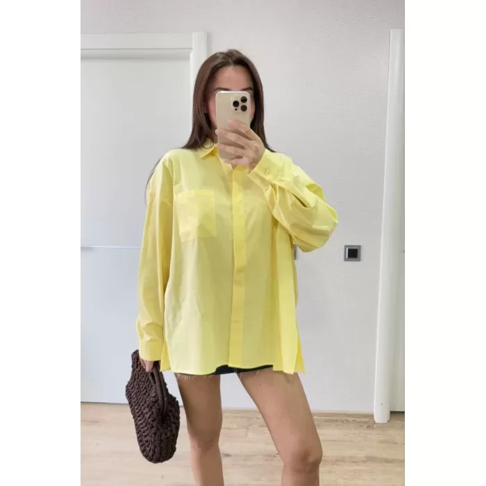 Poplin Kadın Yakalı Yandan Yırtmaçlı Arka Pens Detaylı Gömlek - Sarı