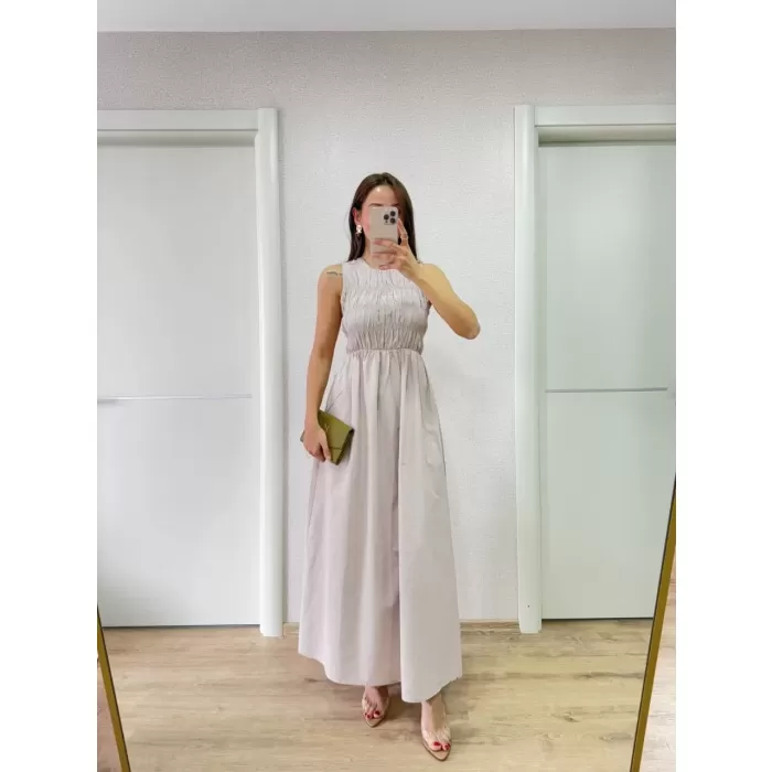 Kolsuz Göğüs Lastıklı %100 Poplin Uzun Elbise - Gri