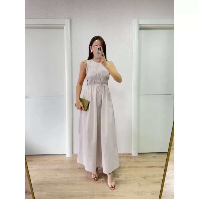 Kolsuz Göğüs Lastıklı %100 Poplin Uzun Elbise - Gri