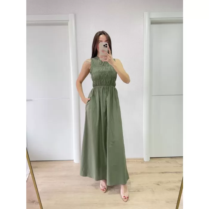 Kolsuz Göğüs Lastıklı %100 Poplin Uzun Elbise - Yeşil