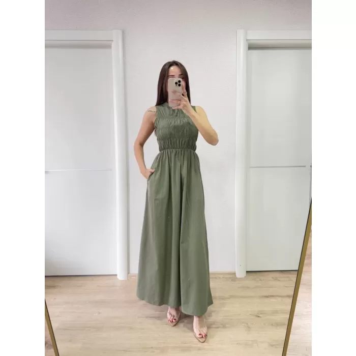 Kolsuz Göğüs Lastıklı %100 Poplin Uzun Elbise - Yeşil