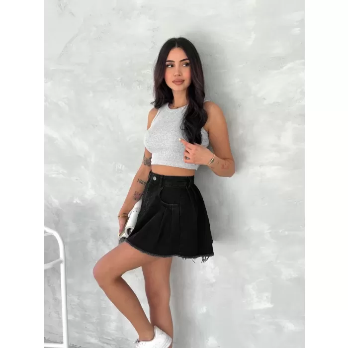 Şık Pileli Yazlık Mini Etekli Kot- Siyah