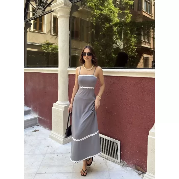 Askılı Uzun Şerit Detaylı Şık ve Rahat Elbise - Gri