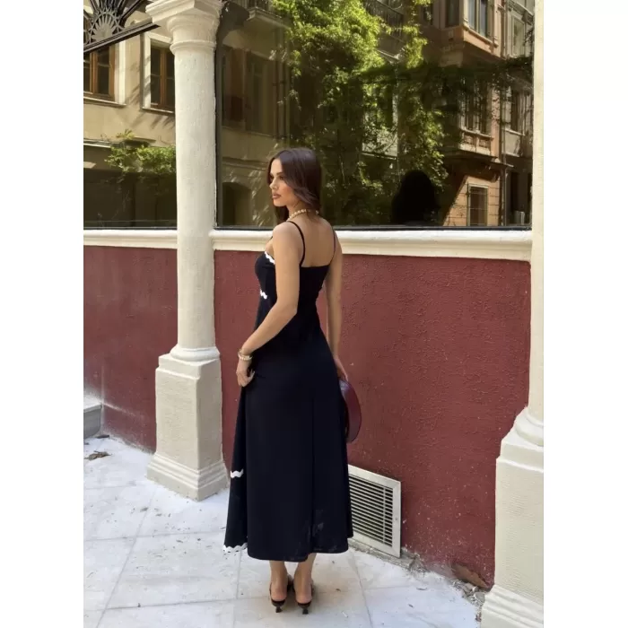 Askılı Uzun Şerit Detaylı Şık ve Rahat Elbise - Lacivert