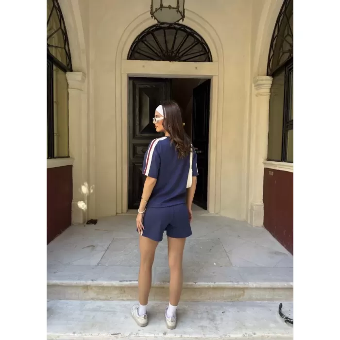 Osy Modal yumuşak dokulu Kumaş Kadın Parçalı Bisiklet Yaka T-shirt Mini Şortlu Etek İkili Takım -Lacivert