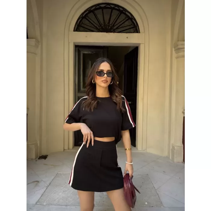 Osy Modal yumuşak dokulu Kumaş Kadın Parçalı Bisiklet Yaka T-shirt Mini Şortlu Etek İkili Takım - Siyah