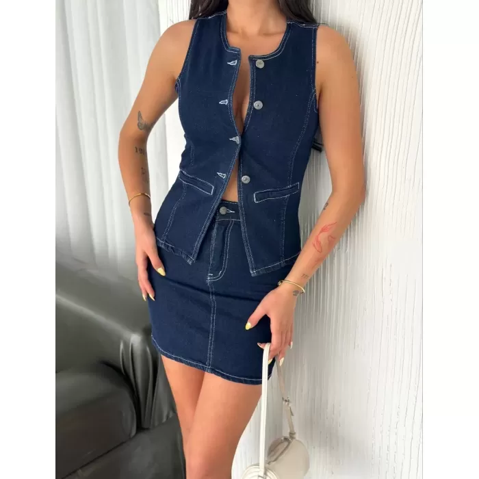 Kot Jeans Etekli ikili Takım - Lacivert