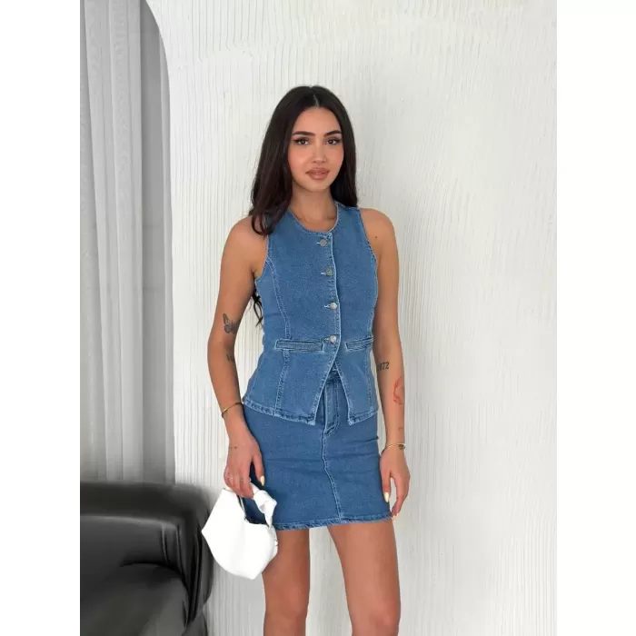 Kot Jeans Etekli ikili Takım - Mavi