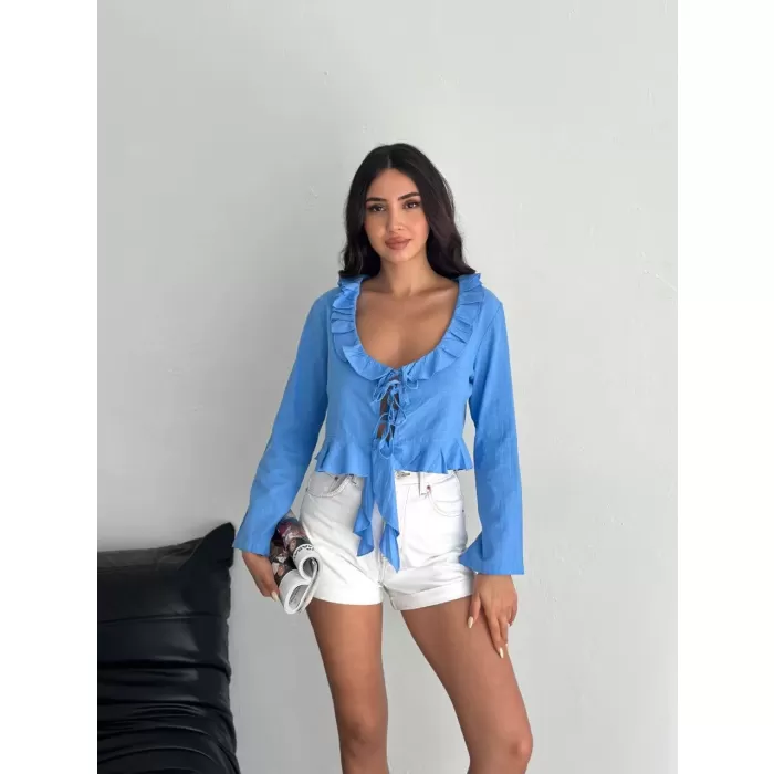 Keten Uzun Kol Bağacık Detaylı Bluz - Mavi
