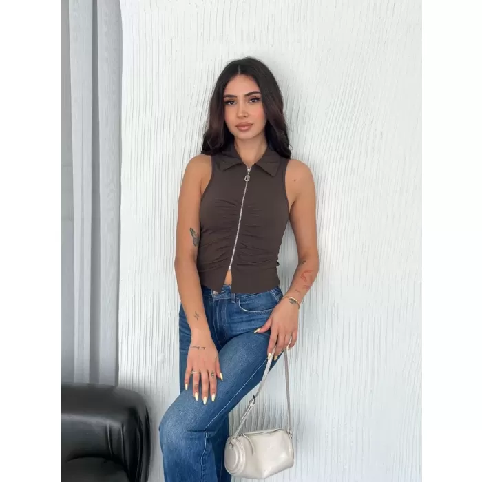 Yakalı Tam Fermuarlı Kolsuz Bluz - Kahverengi
