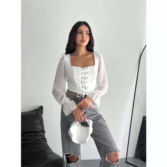 Sırt Dekolteli Bağacıklı Uzun Kollu Bluz - Beyaz