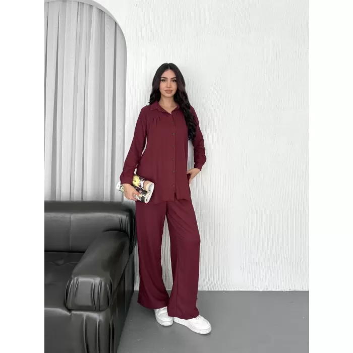 Yakalı Düğmeli Uzun Kollu Gömlek Pantolon ikili Takım - Bordo