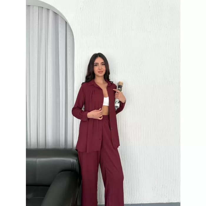Yakalı Düğmeli Uzun Kollu Gömlek Pantolon ikili Takım - Bordo