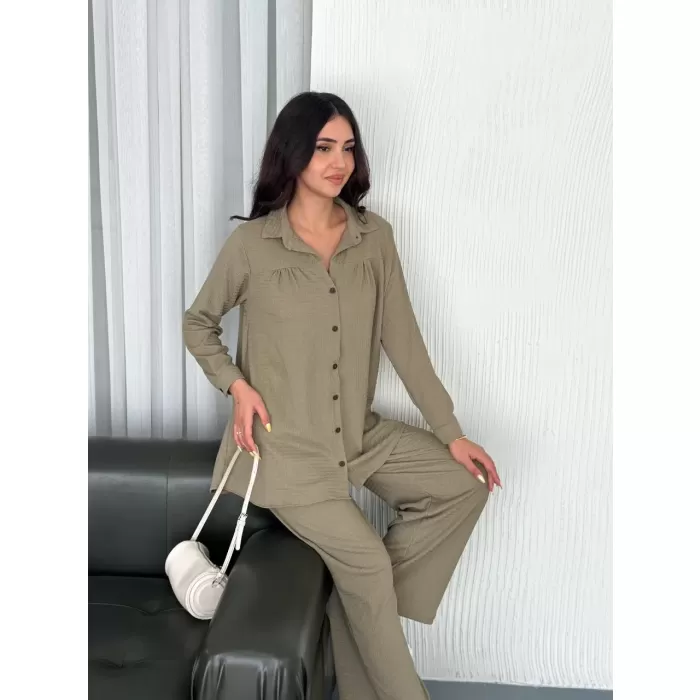 Yakalı Düğmeli Uzun Kollu Gömlek Pantolon ikili Takım - Bej