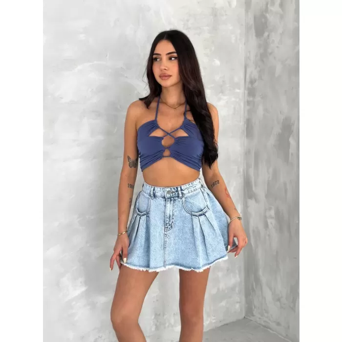 Kot Jeans Kesimetrik Kesim Cepli Şortlu Etek - Mavi