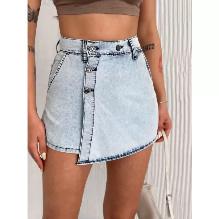 Kot Jeans Kesimetrik Kesim Cepli Şortlu Etek - Gri