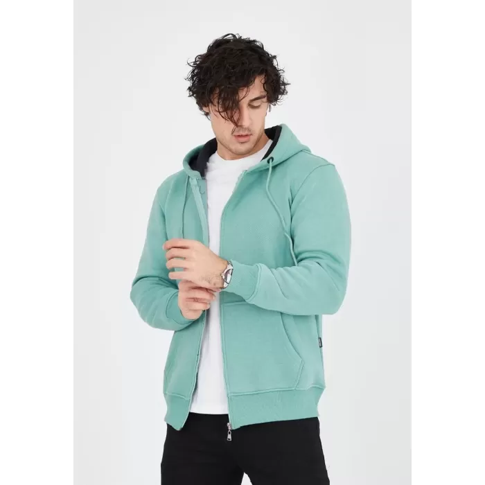Unisex Tam Fermuarlı Kapşonlu  Hırka - Mint Yeşili