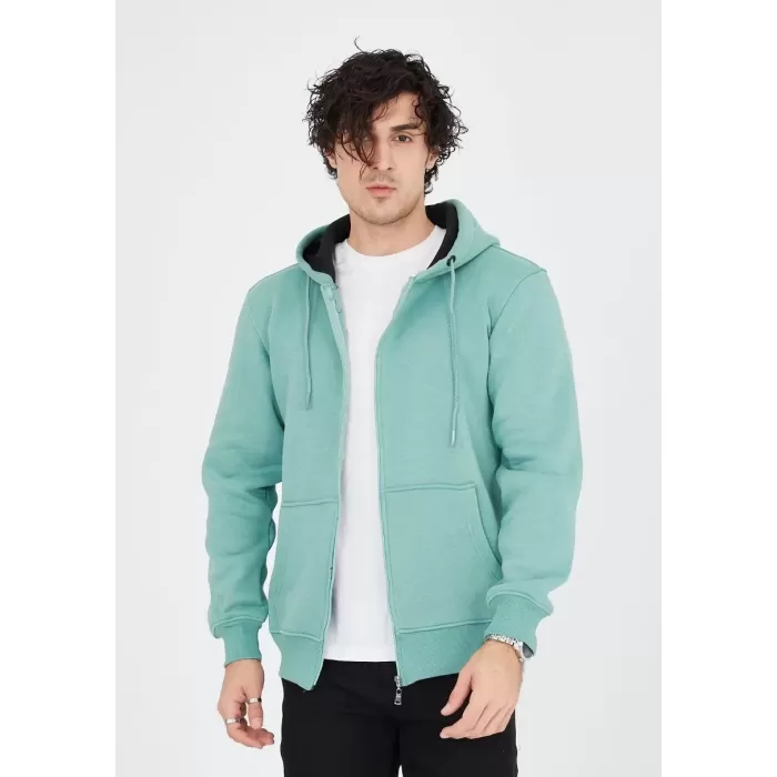Unisex Tam Fermuarlı Kapşonlu  Hırka - Mint Yeşili