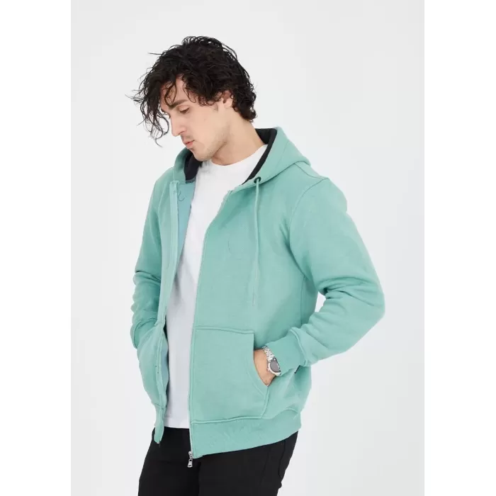 Unisex Tam Fermuarlı Kapşonlu  Hırka - Mint Yeşili