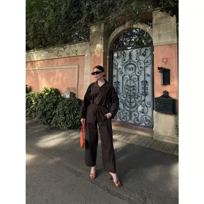 Kadın Uzun Kollu Yakalı Gömlek Pantalon Takım- Kahverengi
