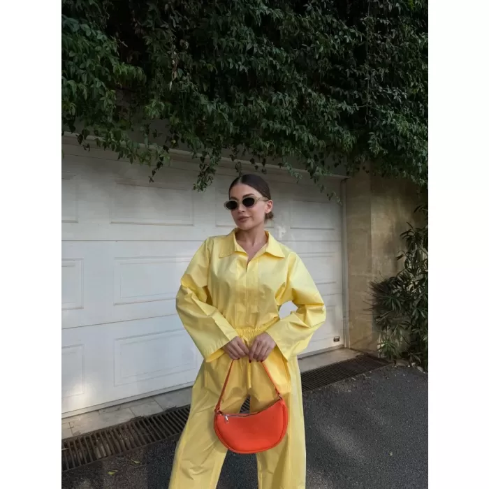 Kadın Uzun Kollu Yakalı Gömlek Pantalon Takım- Sarı