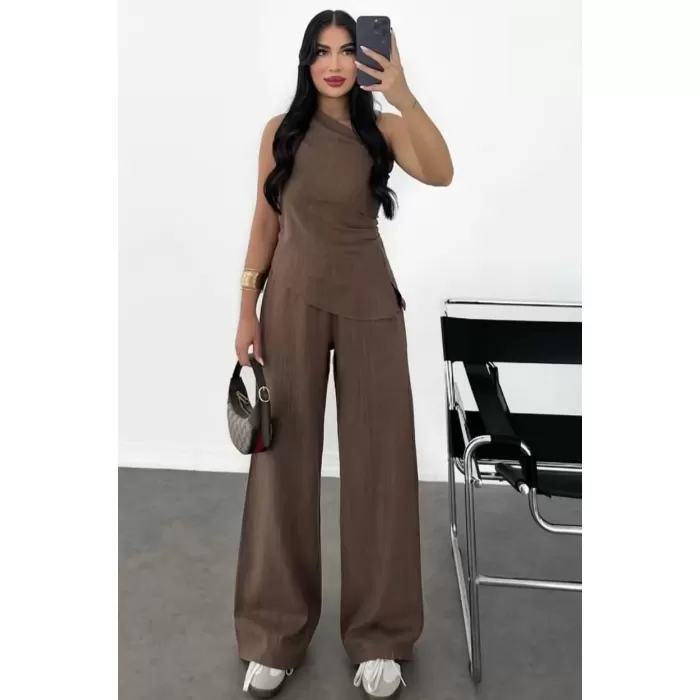 Kadın Keten Asimetrik Tek Omuzlu Bluz Pantalon Takım- Kahverengi