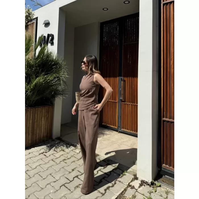 Kadın Keten Asimetrik Tek Omuzlu Bluz Pantalon Takım- Kahverengi