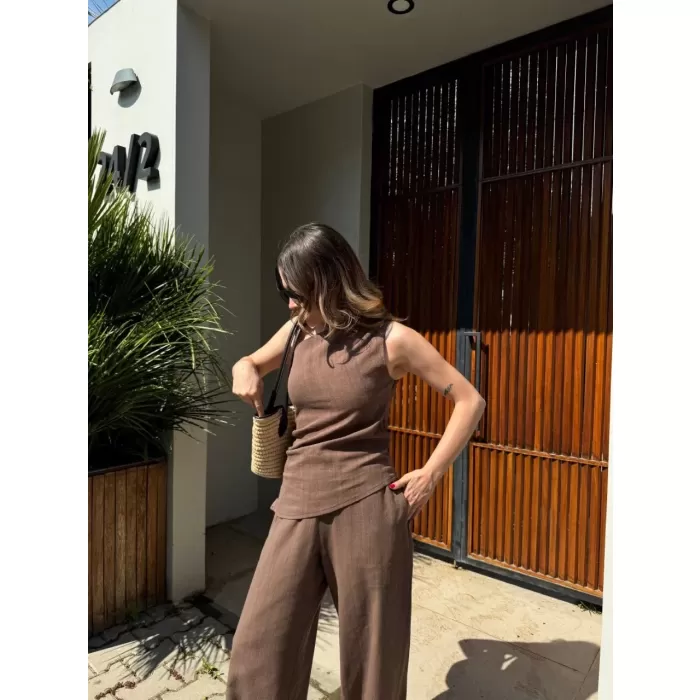 Kadın Keten Asimetrik Tek Omuzlu Bluz Pantalon Takım- Kahverengi