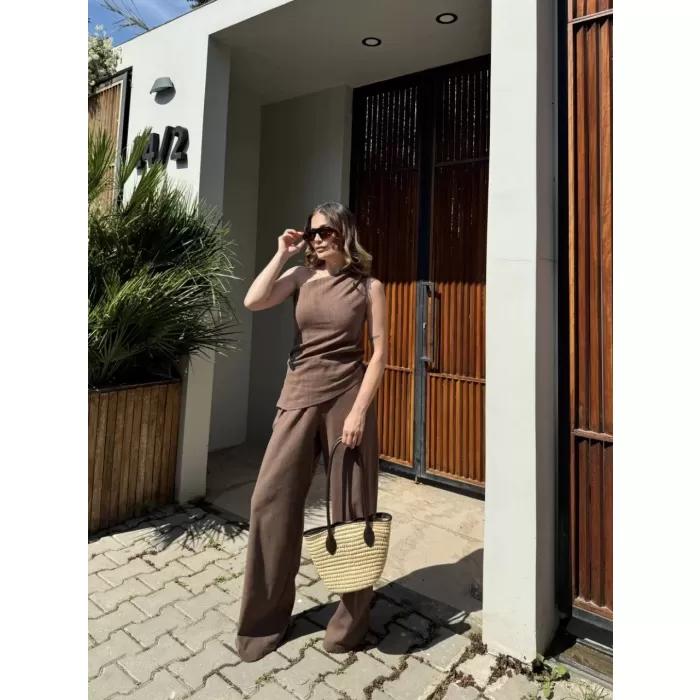 Kadın Keten Asimetrik Tek Omuzlu Bluz Pantalon Takım- Kahverengi