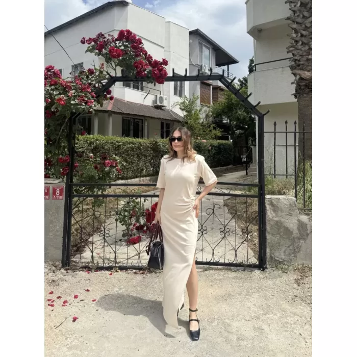Kadın Kısa Kollu Uzun Yandan Yırtmaçlı Elbise - Beyaz