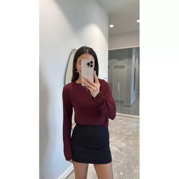 Bisiklet Yaka Uzun Kollu Crop - Bordo