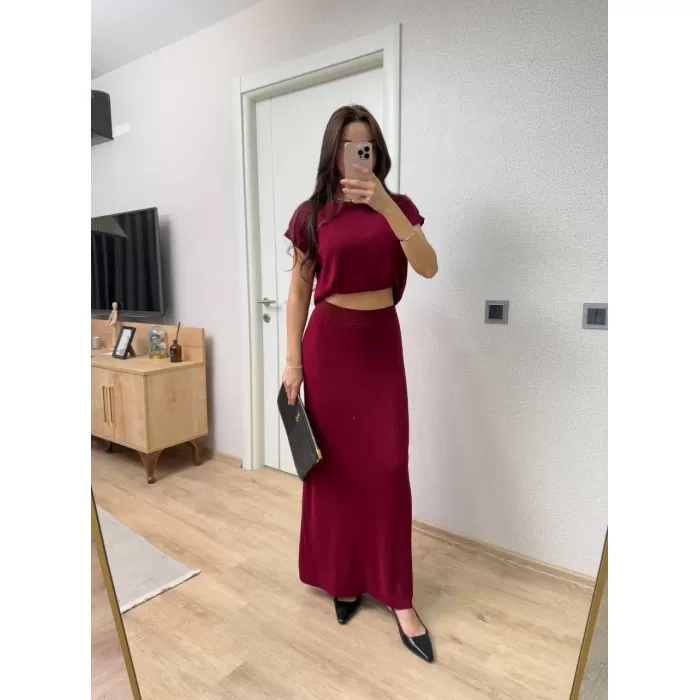 Bisiklet Yaka Bluz Uzun Etekli ikili Takım Triko - Bordo