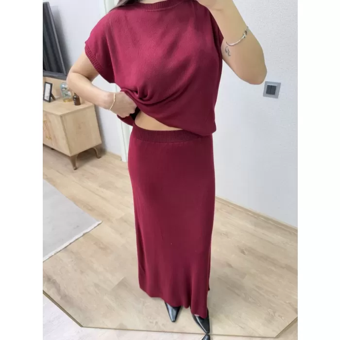 Bisiklet Yaka Bluz Uzun Etekli ikili Takım Triko - Bordo